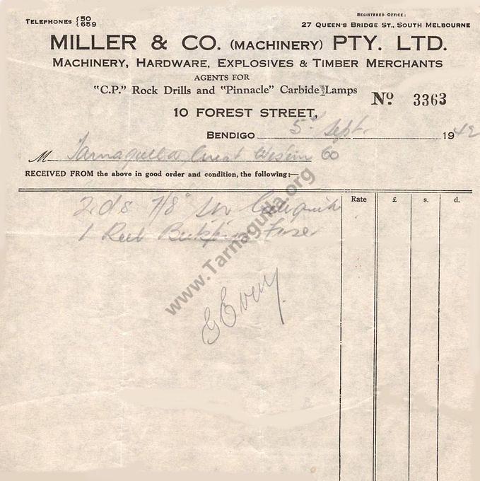 Miller & Co Pty Ltd Invoice to Tarnagulla Great Western Mine 5  September 1942